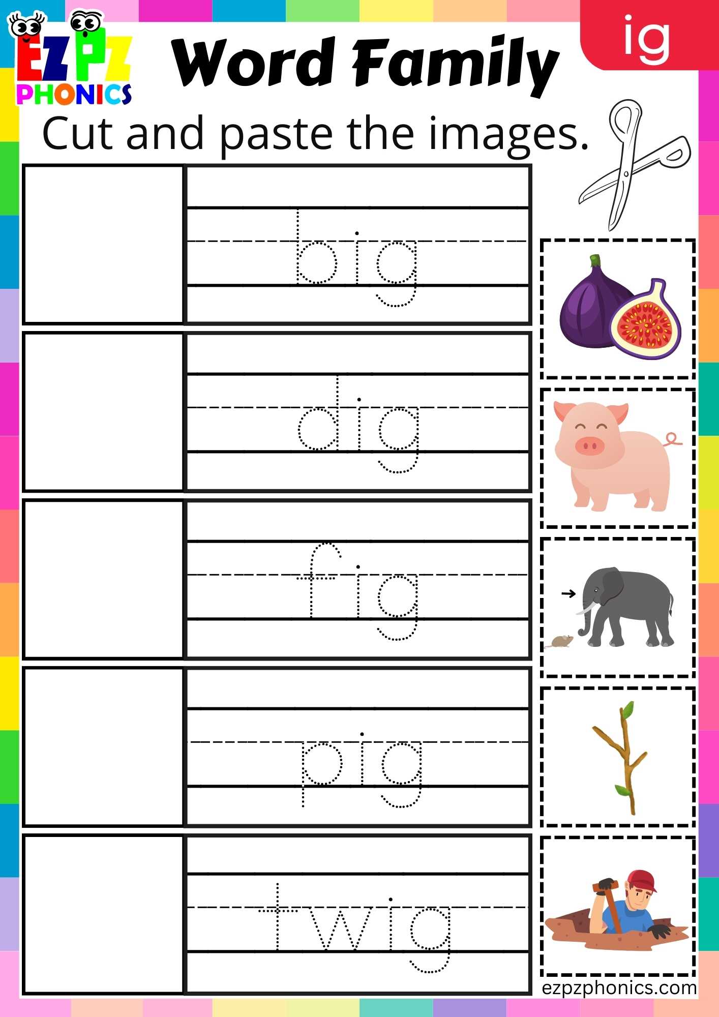 IG Words Cut And Paste The Images Phonics Word Families Worksheet